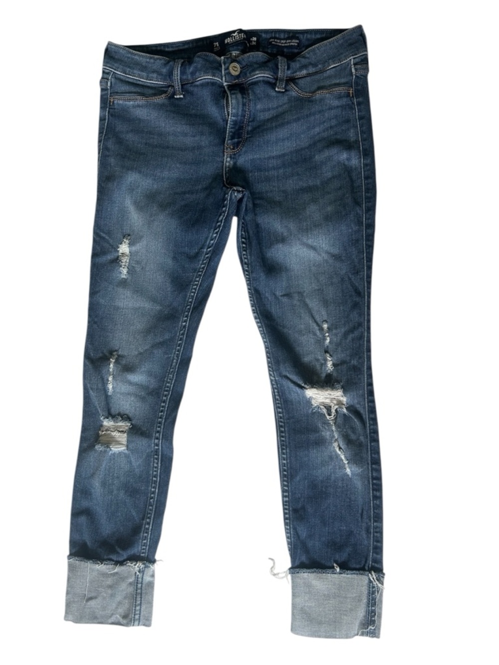 Hollister Distressed Dark Blue Boyfriend Jeans with Rolled Cuffs